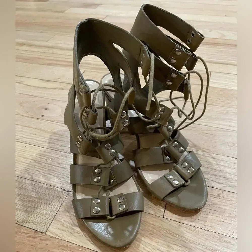 Loeffler Randall Lace Up Dark Olive Green Gladiator Block Heels Sz 6B